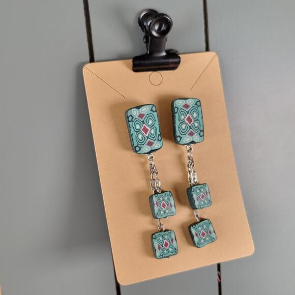 Handmade Polymer Clay Dangle Earrings Teal Pink Black Geometric Pattern Pierced - Picture 12 of 12